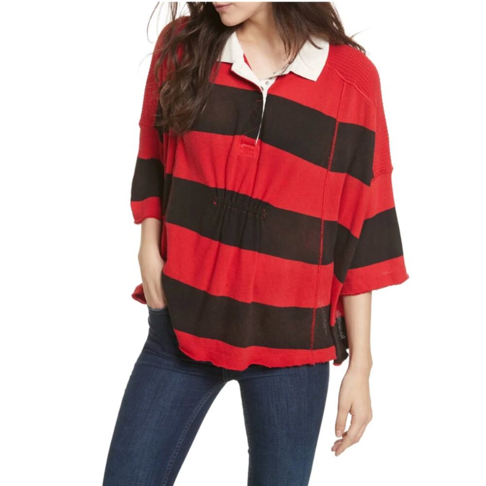 We The Free Free People Yuki Oversized Striped Polo Women's XS Boho Preppy‎